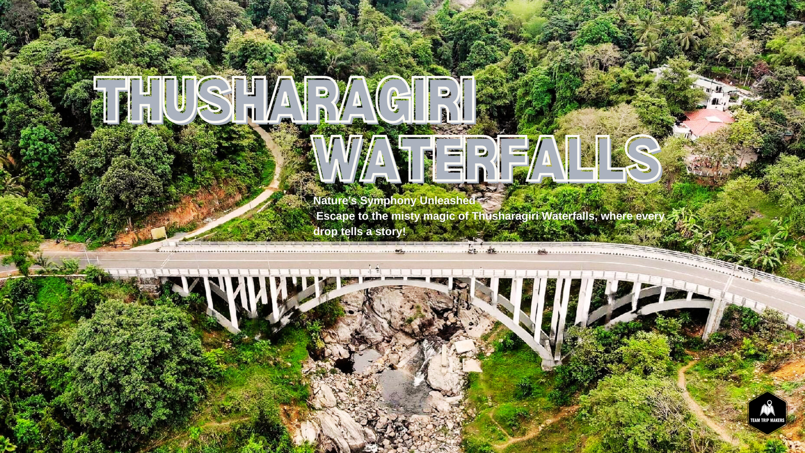 A breathtaking view of Thusharagiri Waterfalls cascading down lush green cliffs, surrounded by dense forest and mist, creating a serene and magical atmosphere.